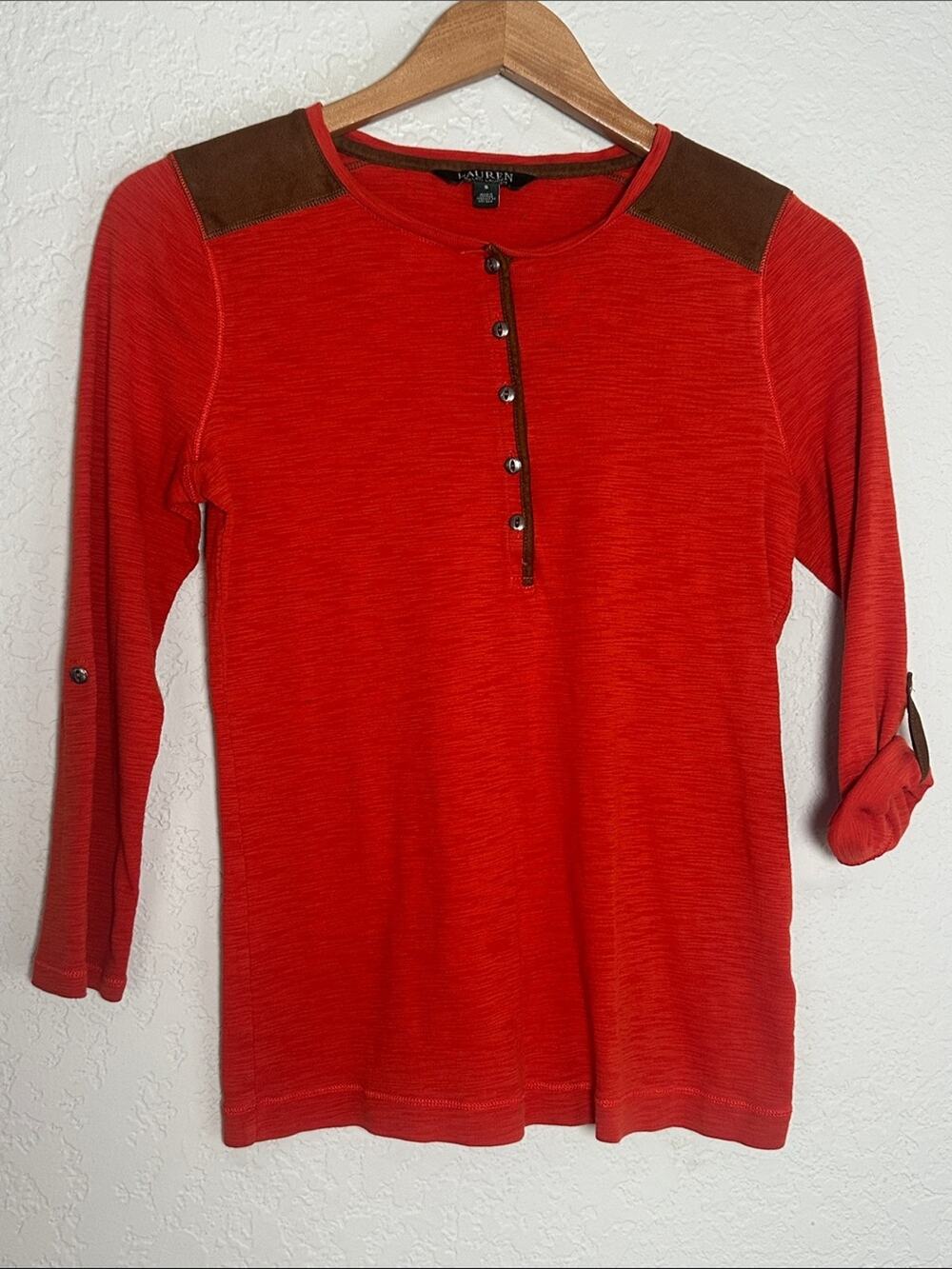 Ralph Lauren Orange Henley Brown Leather Shoulder Roll Tab Equestrian Preppy 90s